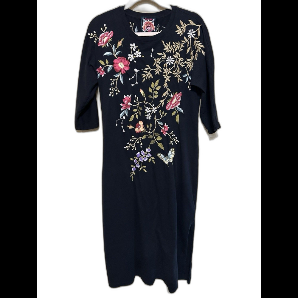 Johnny Was Osaka Floral Bird Embroidered Dress Small Black Half Sleeve Midi